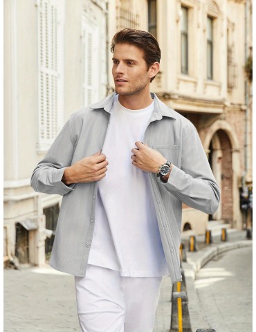 1pc Men'S Casual Long Sleeve Button Down Shirt - Slim Fit Solid Color Dress Shirt with Stretch, Viscose/Rayon Blend, Suitable for All Seasons, Plus Size