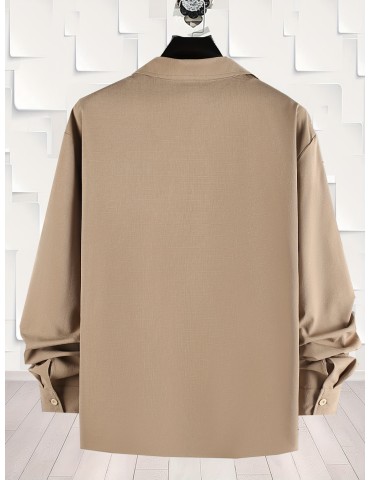 Bohemian Elegant Men'S Casual Long Sleeve Shirt, Solid Color, Woven Polyester, Non-Stretch, Regular Fit with Pocket, All-Season Fashion, Plus Size