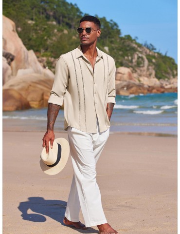 Men'S Cuban Guayabera Long Sleeve Shirt - Casual Woven Linen Beach Shirt, Regular Fit, Button Down, Non-Stretch Polyester Fabric, Solid Color, Appropriate for Adult Men, Spring/Fall Season Essentials, Plus Size